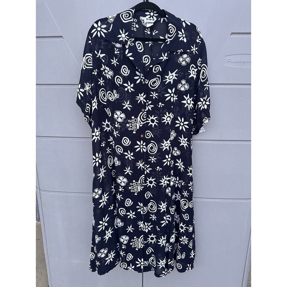 Vtg 90s Black White Sun Swirl Print Shirt Dress 1X Made In USA Button Front Boho